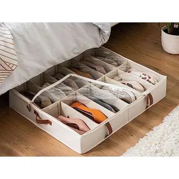 StorageWorks Under Bed Shoe Storage Organizer, Underbed Shoes Container with Adjustable Dividers, Shoe Storage Basket with Cover, Beige, 2-Pack, Space-Saving Shoe Box Fits up to 24 Pairs
