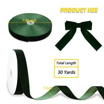 BokingOne 1 Inch Dark Green Velvet Ribbon - 30 Yards