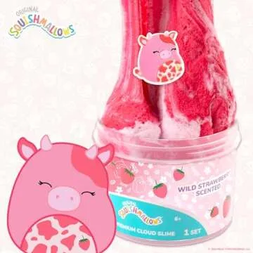 Original Squishmallows Calynda The Cow Premium Cloud Slime, 8 oz. Fluffy Slime, Strawberry Scented, 3 Fun Slime Add Ins, Pre-Made Slime for Kids, Great 6 Year Old Toys, Super Soft Sludge Toy