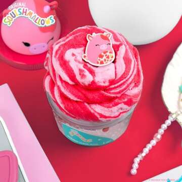 Original Squishmallows Calynda The Cow Premium Cloud Slime, 8 oz. Fluffy Slime, Strawberry Scented, 3 Fun Slime Add Ins, Pre-Made Slime for Kids, Great 6 Year Old Toys, Super Soft Sludge Toy