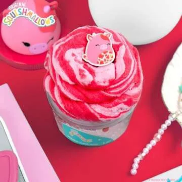 Original Squishmallows Calynda The Cow Premium Cloud Slime, 8 oz. Fluffy Slime, Strawberry Scented, 3 Fun Slime Add Ins, Pre-Made Slime for Kids, Great 6 Year Old Toys, Super Soft Sludge Toy