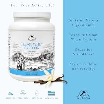 Mt. Capra Clean Whey Protein | Grass-Fed Undenatured Goat Whey Protein Powder | 24 g Protein Per Serving, All Natural, Non-GMO, High in Branch Chain Amino Acids | Vanilla Bean | 15 Servings - 16 oz
