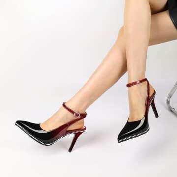 Soireelady Womens Ankle Strap Pumps Black Red Slingback Heels Stiletto Beaded Pumps