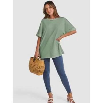 ATHMILE Womens Oversized T Shirts Loose Fit Crewneck Short Sleeve Summer Casual Blouse 2025 Y2K Tee Tops Gray Green