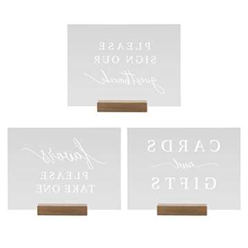 Hanna Roberts Set of 3 Wedding Reception, Ceremony, Party, Table Decoration Signs with Holder | Favors Please Take One | Please Sign Our Guestbook | Cards and Gifts (Clear, Walnut)