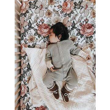 Fitted Crib Sheet (Mini Size) - Garden Floral (White) Design, Woven 100% Cotton for Baby Girl Infant Nursery Bedding and Bassinet Mattress Cover Inspiration by Mini Wander