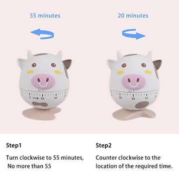 SOARING Mechanical Kitchen Timer with Cute Cartoon ，60 Minute Animal Timer for Kids Wind Up Dial 360°Rotating Countdown Loud Alarm Timer for Cooking/Reading/do Sports Time Management(White-Cow)