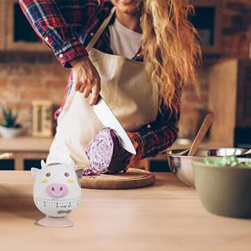 SOARING Mechanical Kitchen Timer with Cute Cartoon ，60 Minute Animal Timer for Kids Wind Up Dial 360°Rotating Countdown Loud Alarm Timer for Cooking/Reading/do Sports Time Management(White-Cow)