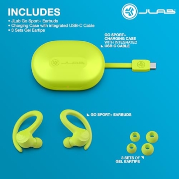 JLab Go Sport+ Wireless Workout Earbuds Featuring C3 Clear Calling, Secure Earhook Sport Design, 32+ Hour Bluetooth Playtime, and 3 EQ Sound Settings (Yellow)