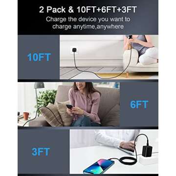 2pack-10ft USB Type C to Lightning iPhone Charger Cable, Original Apple Usbc Power Delivery Fast Charging Cord for iPhone 14/13 Pro Max/13Pro/13/12/11/XR/XS, PD USB-C Lighting Wire Cargador Powerline