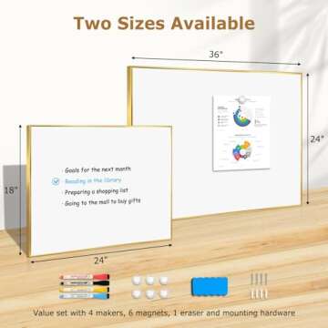 QUEENLINK Magnetic Whiteboard, 24"x18" Gold Aluminum Frame White Board Dry Erase Board for Wall, Decorative Hanging Wipe Board for Home, Office, School, Kitchen
