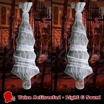 72 Inch Halloween Decorations Cocoon Corpse, Scary Hanging Cocoon Corpse Props with Horror Scream and Lighted LED Eyes, Halloween Outdoor/Yard/Tree Props