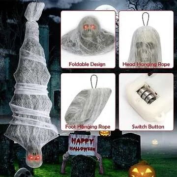 72 Inch Halloween Decorations Cocoon Corpse, Scary Hanging Cocoon Corpse Props with Horror Scream and Lighted LED Eyes, Halloween Outdoor/Yard/Tree Props