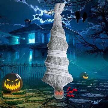 72 Inch Halloween Decorations Cocoon Corpse, Scary Hanging Cocoon Corpse Props with Horror Scream and Lighted LED Eyes, Halloween Outdoor/Yard/Tree Props
