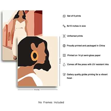 Minimalist Boho Woman Wall Art - Fashion Bohemian Famale Prints Unframed 6pcs Modern Lady Pictures Abstract Gold African Card Paper Artwork Gorgeous Girls Photos Room Decor Painting Poster 8x10 Inches
