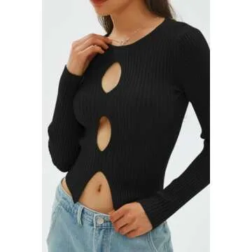 CHYRII Womens Sexy Fall Fashion Cutout Tops Ribbed Knit Winter Pullover Sweater Going Out Crop Tops Black M