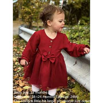 Vieille 12-18 Month Girl Fall Dresses Long Sleeve Toddler Tutu Dress Bowknot Single-Breasted Outfits Red