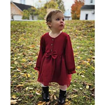 Vieille 12-18 Month Girl Fall Dresses Long Sleeve Toddler Tutu Dress Bowknot Single-Breasted Outfits Red