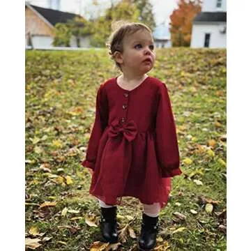 Vieille 12-18 Month Girl Fall Dresses Long Sleeve Toddler Tutu Dress Bowknot Single-Breasted Outfits Red