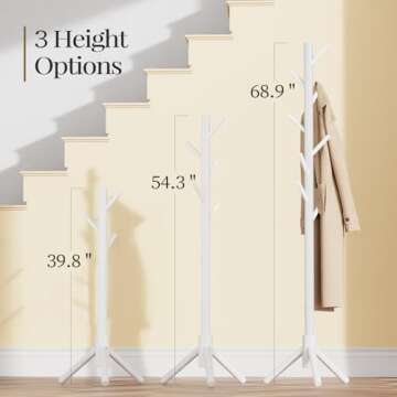 Pipishell Sturdy Wooden Coat Stand, 3 Adjustable Sizes Coat Tree with 8 Hooks, Coat Stands for Hallway Entryway, Hat Stand for Clothes, Used in Bedroom/Office/Hallway/Entryway, White