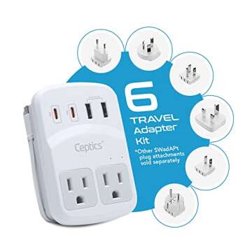Ceptics World Travel Adapter Kit with USB-A, USB-C, Power Delivery, and Surge Protection