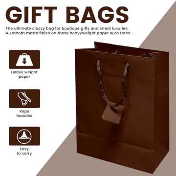 Novel Box Brown Gift Bags with Handles 10 Pack 8x4x10 inch Large Paper Bags - Shopping Bags Bulk Gift Bags Business, Shopping, Birthday Paper Shopping Bags - Shopping Bags for Groceries