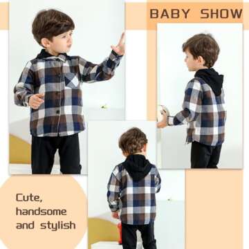 YOUNGER STAR Toddler KidsBaby Boys Hooded Plaid Shirt Classical Shirt Hooded Jacket Fall Winter Clothes (Brown, 18-24 Months)