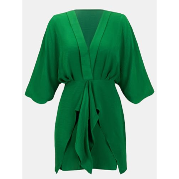 CUPSHE Women's V Neck Summer Dress 3/4 Kimono Sleeve Self Tie Pleated Loose Slit Mini Casual Dress Green, S