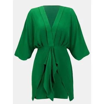 CUPSHE Women's V Neck Summer Dress 3/4 Kimono Sleeve Self Tie Pleated Loose Slit Mini Casual Dress Green, S