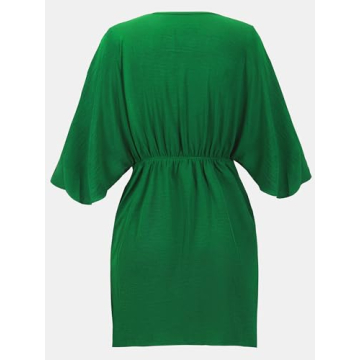 CUPSHE Women's V Neck Summer Dress 3/4 Kimono Sleeve Self Tie Pleated Loose Slit Mini Casual Dress Green, S
