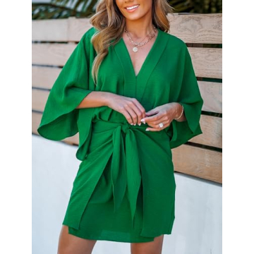 CUPSHE Women's V Neck Summer Dress 3/4 Kimono Sleeve Self Tie Pleated Loose Slit Mini Casual Dress Green, S