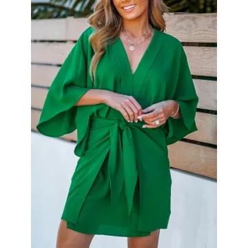 CUPSHE Women's V Neck Summer Dress 3/4 Kimono Sleeve Self Tie Pleated Loose Slit Mini Casual Dress Green, S