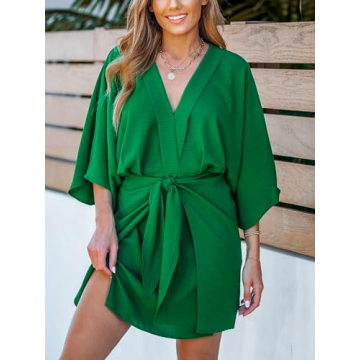 CUPSHE Women's V Neck Summer Dress 3/4 Kimono Sleeve Self Tie Pleated Loose Slit Mini Casual Dress Green, S