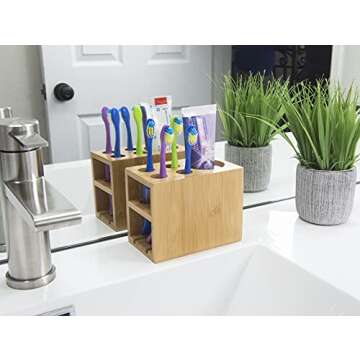 Bamboo Naturals Toothbrush Holder, Stores 4 Toothbrushes and 1 Toothpaste, Made of 100% Sustainable Bamboo, Stylish Bathroom Organizer Accessory, Easy to Clean and Odor Resistant