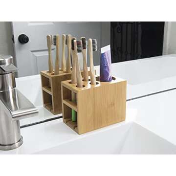 Bamboo Naturals Toothbrush Holder, Stores 4 Toothbrushes and 1 Toothpaste, Made of 100% Sustainable Bamboo, Stylish Bathroom Organizer Accessory, Easy to Clean and Odor Resistant
