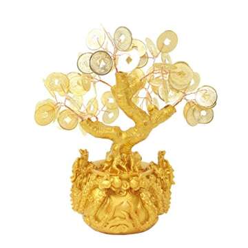 7" Feng Shui Gold Money Fortune Coins Tree in Dragon Pot Bonsai Home Decor Wealth Blessing Gift (D13...