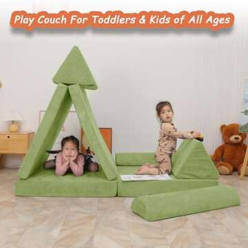 Betterhood Play Couch Sofa for Kids Large Size, Modular Kids Play Couch, Kids Couch Building Fort for Playroom Bedroom, Children Convertible Foam Cushion Couch for Boys and Girls, Light Green