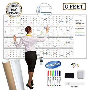 Large Reusable Dry Erase Yearly Wall Calendar - Jumbo Premium Laminated 12 Month Task Organizer - 38...
