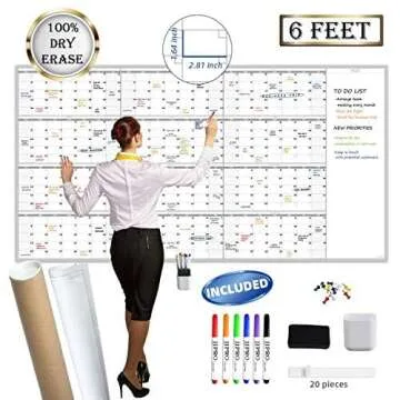 Large Reusable Dry Erase Yearly Wall Calendar - Jumbo Premium Laminated 12 Month Task Organizer - 38...
