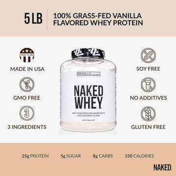 Naked Vanilla Whey Protein Powder - All Natural Grass Fed Whey Protein Powder, Vanilla Flavor, Organic Coconut Sugar, 5Lb Bulk, GMO-Free, Soy Free, Gluten Free - 61 Servings