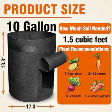 Gardzen 6 Pack BPA-Free 10 Gallon Vegetable Grow Bags with Access Flap and Handles, Suitable for Pla...