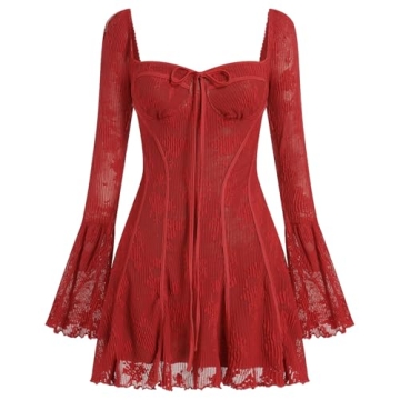 Women's Vintage Long Bell Sleeve Floral Lace Corset Mini Dress for Cocktail Parties