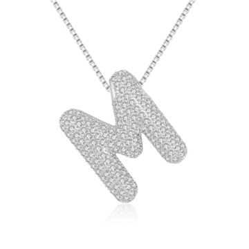 Bubble Letter Necklace For Women, Balloon Initial Letter Alphabet Pendant 18k Gold Plated Dainty Zir...