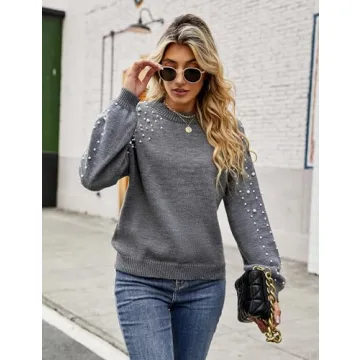 Blooming Jelly Women's Chunky Sweater Crewneck Sweatshirt Knit Lantern Sleeve Oversized Pullover Sweater with Pearls (Large, Grey)