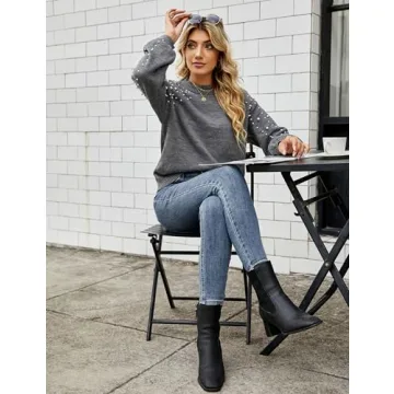 Blooming Jelly Women's Chunky Sweater Crewneck Sweatshirt Knit Lantern Sleeve Oversized Pullover Sweater with Pearls (Large, Grey)