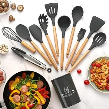 Stylish Silicone Cooking Utensils Set with Wooden Handles