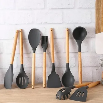 Stylish Silicone Cooking Utensils Set with Wooden Handles