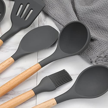 Stylish Silicone Cooking Utensils Set with Wooden Handles