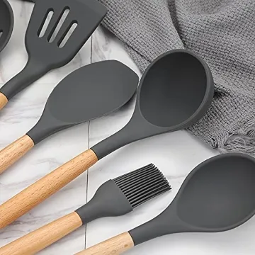 Stylish Silicone Cooking Utensils Set with Wooden Handles