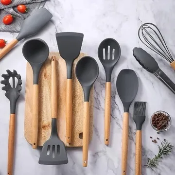 Stylish Silicone Cooking Utensils Set with Wooden Handles